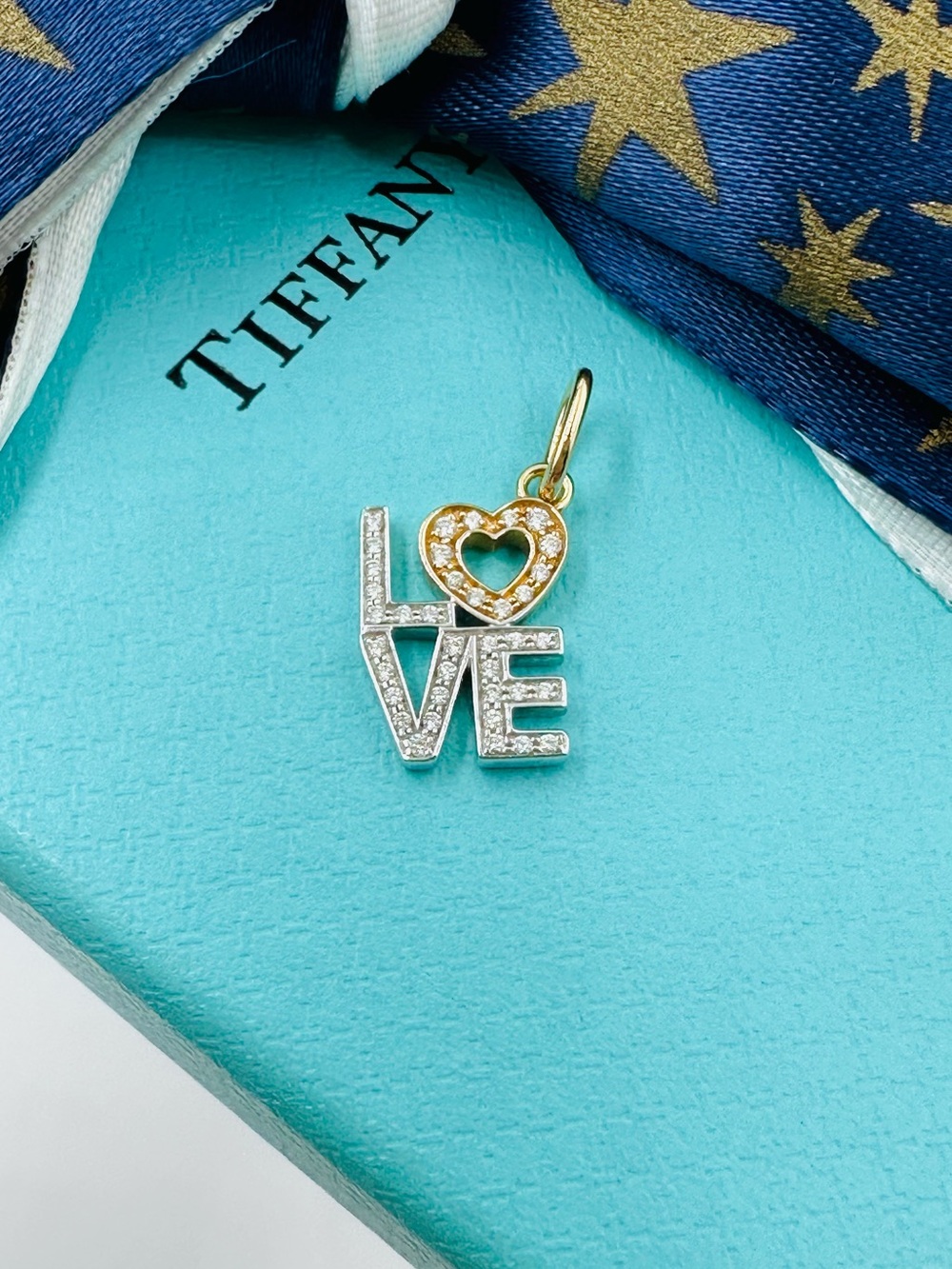 RARE Tiffany & Co. Diamond LOVE Letters Charm in 18K Rose & White Gold Packaging